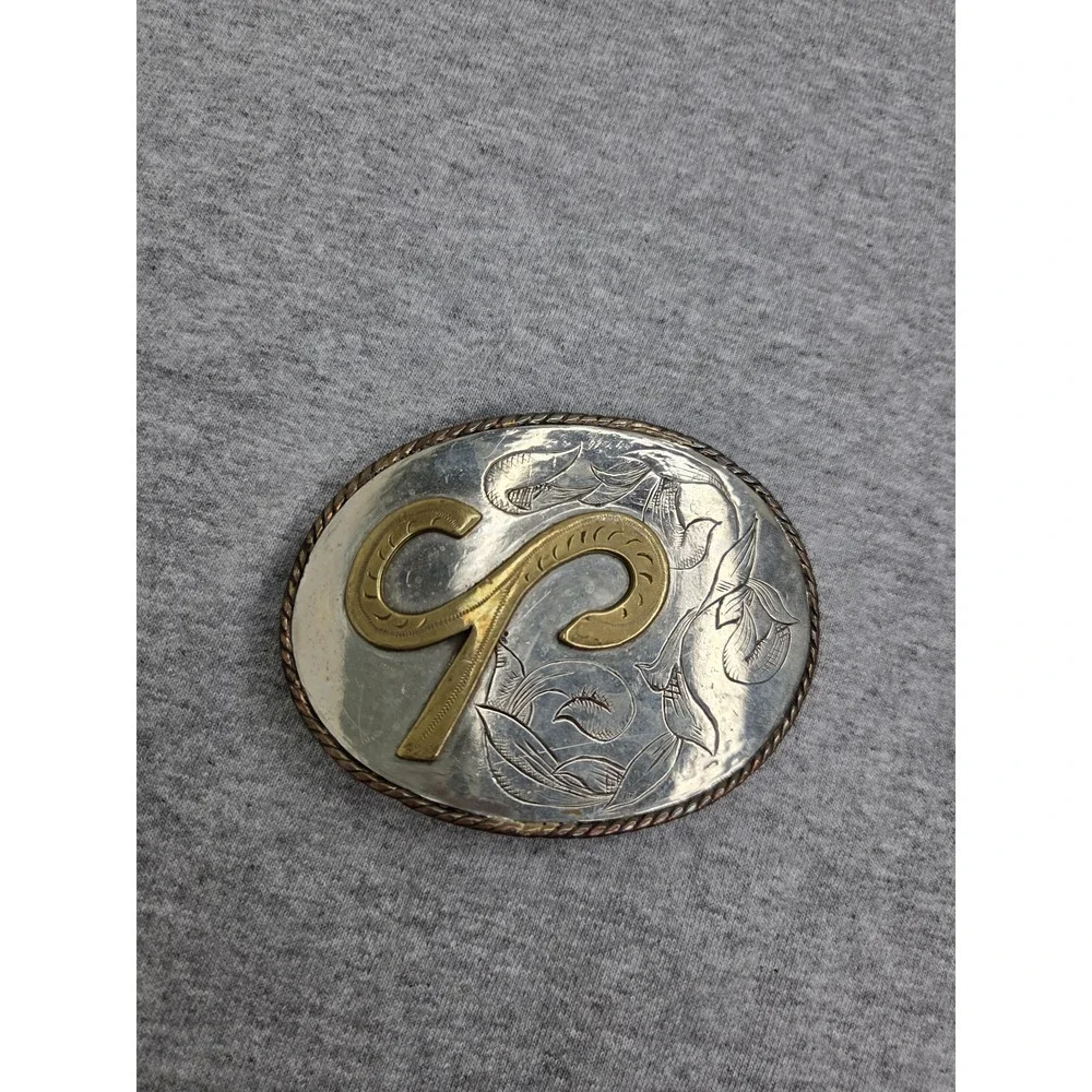 Handmade Western Floral Initial S Horseshoe Silver Belt Buckle